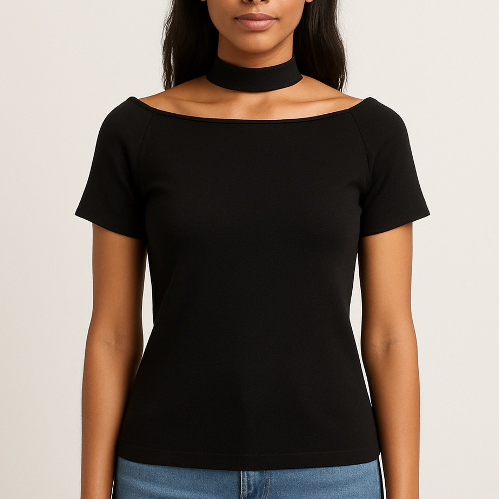 Cool Cat Black Knit Choker Top with Back Zip | Size M